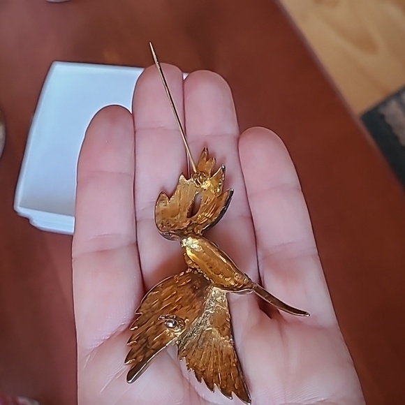 Vintage Brooch Hummingbird Fashion Jewelry Green Enamel with Gold & Rhinestones - Picture 5 of 8